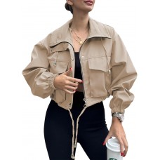 Tankaneo Womens Cropped Jacket Zip Up Lightweight Oversized Utility Anorak Coat with Pockets