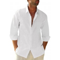 Button Down Linen Shirts for Men Casual Long Sleeve Regular Fit Cotton Beach Shirts with Pocket