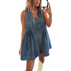 yoeasy Women's Sleeveless V Neck Shorts Denim Romper Tie Front Ruffle Jean Short Overall With Pocket