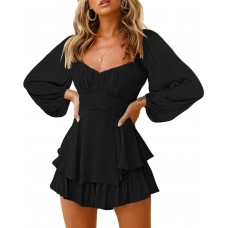 Fixmatti Women off Shoulder Rompers Lantern Long Sleeve Ruffle Tie Mini Shorts Jumpsuit