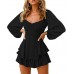 Fixmatti Women off Shoulder Rompers Lantern Long Sleeve Ruffle Tie Mini Shorts Jumpsuit