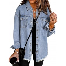 Vetinee Women’s Oversized Button Up Frayed Hem Shacket Long Sleeve Pockets Denim Jean Jacket