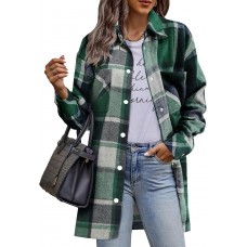 HOTOUCH Womens Flannel Jacket Long Plaid Shacket Casual Snap Button Tartan Trench Coat Long Sleeve Shirts with Pockets