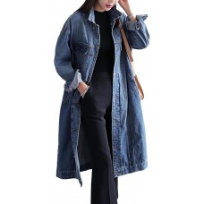 Womens Classic Jean Jacket Plus Size Loose Long Sleeve Button Down Denim Trench Coat
