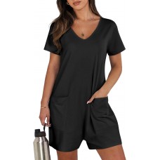 ANRABESS Women's Summer Casual Rompers Short Sleeve V Neck Loose Fit Jumpsuit 2025 Trendy One Piece Jumps with Pockets