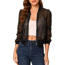 Fisoew Women's Crop Mesh Sheer Bomber Jackets Lightweight Long Sleeve Zip Up Jacket Outwear