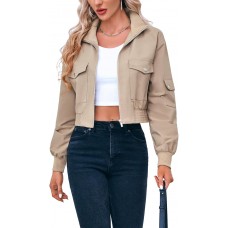 Fisoew Women's Cropped Bomber Jackets Lightweight Zip Up Stand Collar Long Sleeve Short Jacket with Pockets