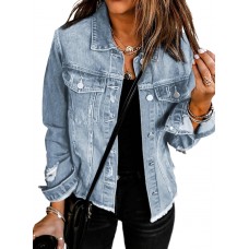 EVALESS Womens Boyfriend Washed Crop Denim Jean Jacket Coat