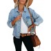 LONGBIDA Women's Jean Jacket Frayed Washed Button Up Cropped Denim Jacket With Pockets
