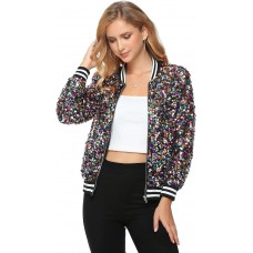 Womens Long Sleeve Sequin Open Front Zipper Jacket with Ribbed Cuffs
