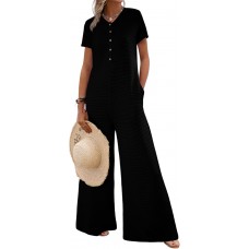 BLENCOT Casual Striped Short Sleeve Jumpsuits Rib Knit Wide Leg Romper Comfy Button Down Rompers