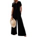 BLENCOT Casual Striped Short Sleeve Jumpsuits Rib Knit Wide Leg Romper Comfy Button Down Rompers