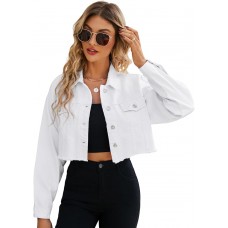 LONGYIDA Women's Cropped Denim Jacket | Distressed Button-Down Jean Jacket | Long Sleeve Ripped & Frayed Blue Coat