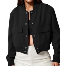 Modegal Women's Spring Varsity Bomber Jackets Long Sleeve Cropped Button Down Casual Coat with Pockets Outwear