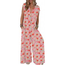 MEROKEETY Women's 2025 Summer Cap Sleeve Jumpsuits Deep V Neck Button Onesie Wide Leg Pants Rompers