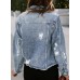 Sidefeel Women's Denim Jacket Long Sleeve Button Distressed Ripped Zimbaplatinum Jean Coat