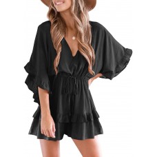 Valphsio Womens V Neck Beach Romper Ruffle Layered Drawstring Waisted Shorts Jumpsuit