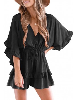 Valphsio Womens V Neck Beach Romper Ruffle Layered Drawstring Waisted Shorts Jumpsuit