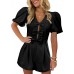 Cicy Bell Womens Cute Rompers Bow Front Puff Sleeve V Neck Short Jumpsuits Sexy Summer Outfits with Pockets