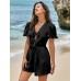 Cicy Bell Womens Cute Rompers Bow Front Puff Sleeve V Neck Short Jumpsuits Sexy Summer Outfits with Pockets