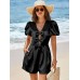 Cicy Bell Womens Cute Rompers Bow Front Puff Sleeve V Neck Short Jumpsuits Sexy Summer Outfits with Pockets