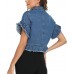 MISS MOLY Women's Denim Jacket Ruffle Sleeve Button Down Distressed Summer Cropped Jean Jackets