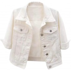 Locachy Womens 3/4 Sleeve Short Denim Jacket Lapel Button Down Cropped Trucker Jean Jackets Coats