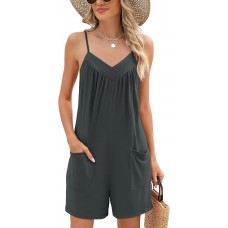 Rapbin Womens Summer Casual Sleeveless Rompers Spaghetti Strap Adjustable Loose Shorts Jumpsuit with Pockets