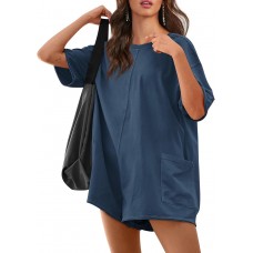 Yousify Rompers for Women 2025 Summer Athletic Oversized Romper Short Sleeve Jumpsuit with Pockets