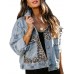 RINTONIX Womens Button Down Distressed Leopard Denim Jean Jacket Washed Long Sleeve Ripped Cheetah Jean Coat