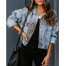 RINTONIX Womens Button Down Distressed Leopard Denim Jean Jacket Washed Long Sleeve Ripped Cheetah Jean Coat
