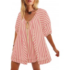 Yanekop Womens Romper Dress with Shorts Striped Romper Overall Oversized Short Jumpsuit V Neck Puff Sleeve Mini Dress