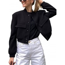 Womens Cropped Bomber Jacket Button Down Varsity Jackets Shackets with Pockets