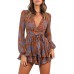 AIMCOO Women's Floral Print Deep V-Neck Romper Double Layer Ruffle Hem Jumpsuits Long Baggy Sleeves Waist Tie Short Rompers