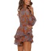 AIMCOO Women's Floral Print Deep V-Neck Romper Double Layer Ruffle Hem Jumpsuits Long Baggy Sleeves Waist Tie Short Rompers