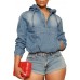 Women's Half Zip Denim Hoodie Pullover Jacket Jean Tops