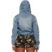 Women's Half Zip Denim Hoodie Pullover Jacket Jean Tops