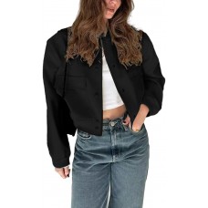 imbpceu Women Bomber Jacket Casual Long Sleeve Button Down Varsity Jackets with Pockets