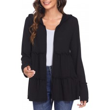 DEESHA Full Zip Up Hoodie for Women Pleated Tiered Ruffle Hooded Sweatshirts Jacket Coat Long Sleeve
