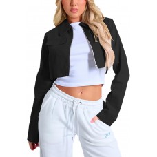 Women's Cropped Jacket Casual Zip Up Long Sleeve Lapel Crop Tops Jackets Coat