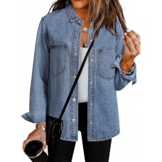 luvamia Denim Jackets for Women Trendy Long Sleeve Jean Jacket Casual Button Down Western Flat Pocket Shacket