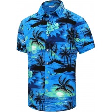 SheLucki Hawaiian Shirt for Men, Unisex Summer Beach Casual Short Sleeve Button Down Shirts, Printed Palmshadow Clothing