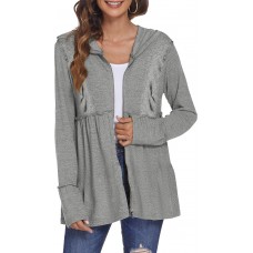 DEESHA Full Zip Up Hoodie for Women Pleated Tiered Ruffle Hooded Sweatshirts Jacket Coat Long Sleeve(Pink, Medium)