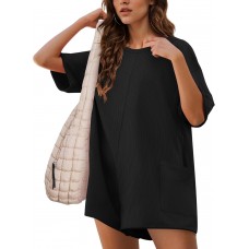Ekouaer Rompers for Women Casual Summer Ribbed Knit Short Sleeve Maternity T-shirt Romper 2025 Jumpsuit Outfits with Pockets