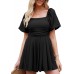 AlvaQ Women's Rompers Cute Puff Sleeve Elastic Summer Square Neck Casual Spring Mini Short Romper Jumpsuits