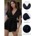 AIMCOO Women's Floral Print Deep V-Neck Romper Double Layer Ruffle Hem Jumpsuits Short Flare Sleeves Waist Tie Short Rompers