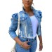 Omoone Women's Ripped Puff Sleeve Denim Crop Top Long-Sleeve Cropped Jean Jacket