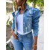 Omoone Women's Ripped Puff Sleeve Denim Crop Top Long-Sleeve Cropped Jean Jacket