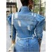Omoone Women's Ripped Puff Sleeve Denim Crop Top Long-Sleeve Cropped Jean Jacket