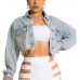 HTD Women's Cropped Jean Jacket Button Up Long Sleeve Ripped Distressed Denim Jacket Frayed Hem